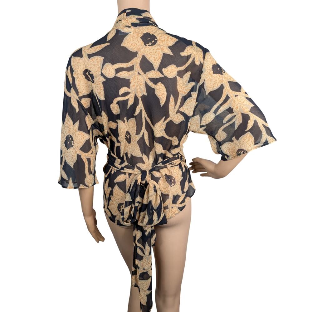 Vintage 90s Jaeger Made in UK Sheer Floral Chiffon Wrap Top Flutter Sleeve 36 - Picture 6 of 8